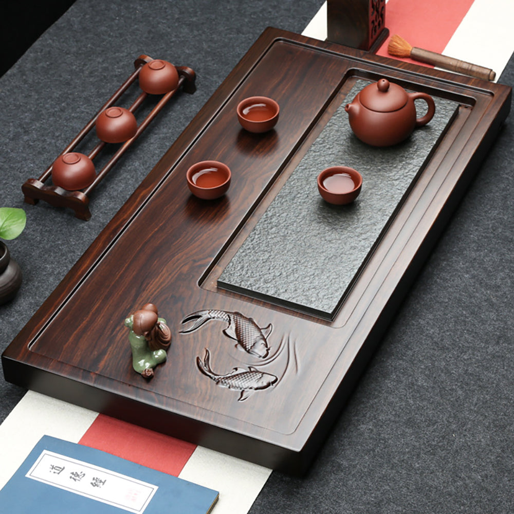 Tea Tray Stone Wood | Goldfish Carved Minimalist Gongfu