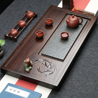 Tea Tray Stone Wood | Goldfish Carved Minimalist Gongfu