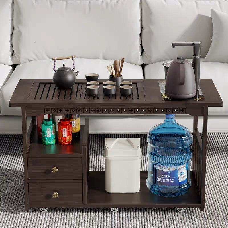 Nanmu Wood Tea Cart Movable with Built-in Tray & Kettle