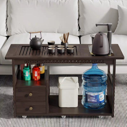 Nanmu Wood Tea Cart Movable with Built-in Tray & Kettle