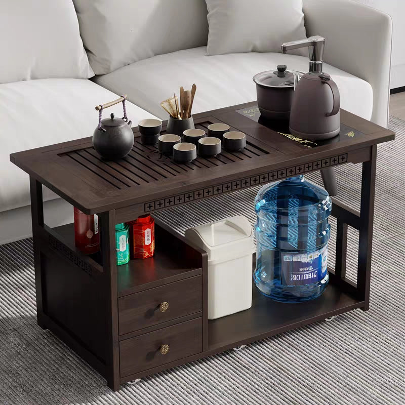 Nanmu Wood Tea Cart Movable with Built-in Tray & Kettle
