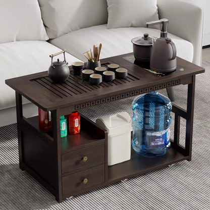 Nanmu Wood Tea Cart Movable with Built-in Tray & Kettle