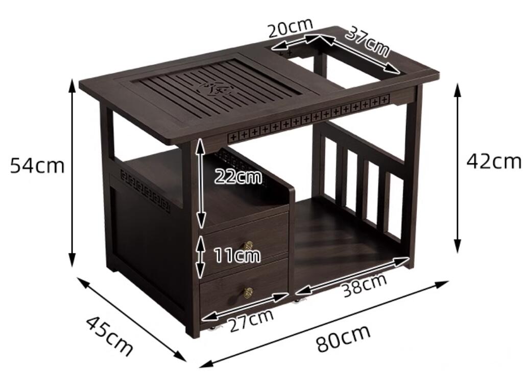 Nanmu Wood Tea Cart Movable with Built-in Tray & Kettle