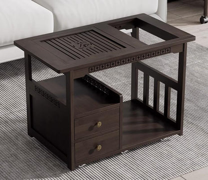 Nanmu Wood Tea Cart Movable with Built-in Tray & Kettle