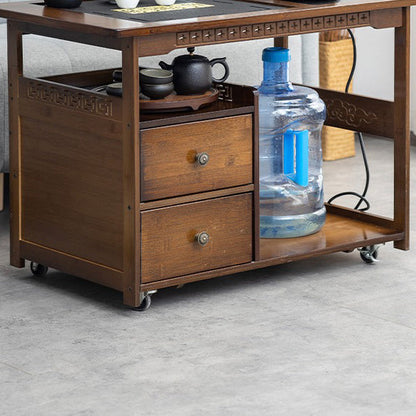 Bamboo Tea Cart Movable Chinese Style with Tray & Shelves