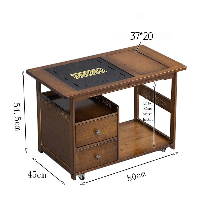 Bamboo Tea Cart Movable Chinese Style with Tray & Shelves
