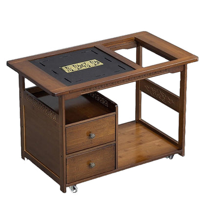 Bamboo Tea Cart Movable Chinese Style with Tray & Shelves