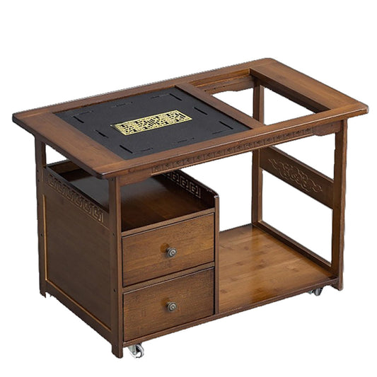 Bamboo Tea Cart Movable Chinese Style with Tray & Shelves
