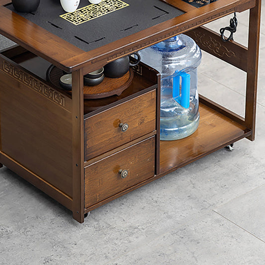 Bamboo Tea Cart Movable Chinese Style with Tray & Shelves