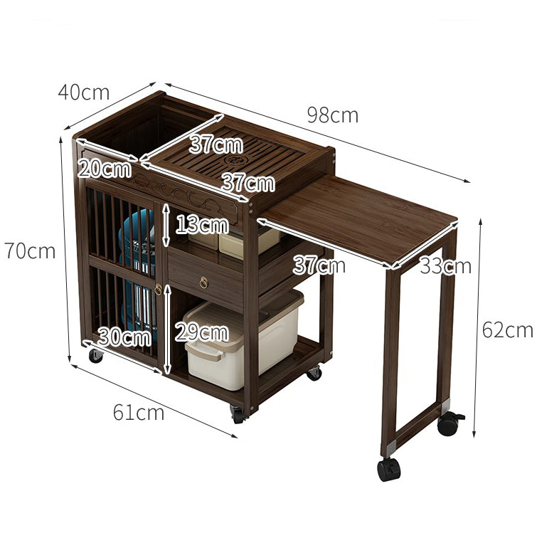 Nanmu Wood Tea Cart Extendable Rolling Table with Drawer