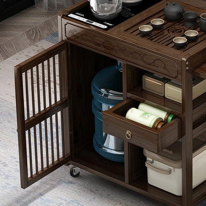 Nanmu Wood Tea Cart Extendable Rolling Table with Drawer