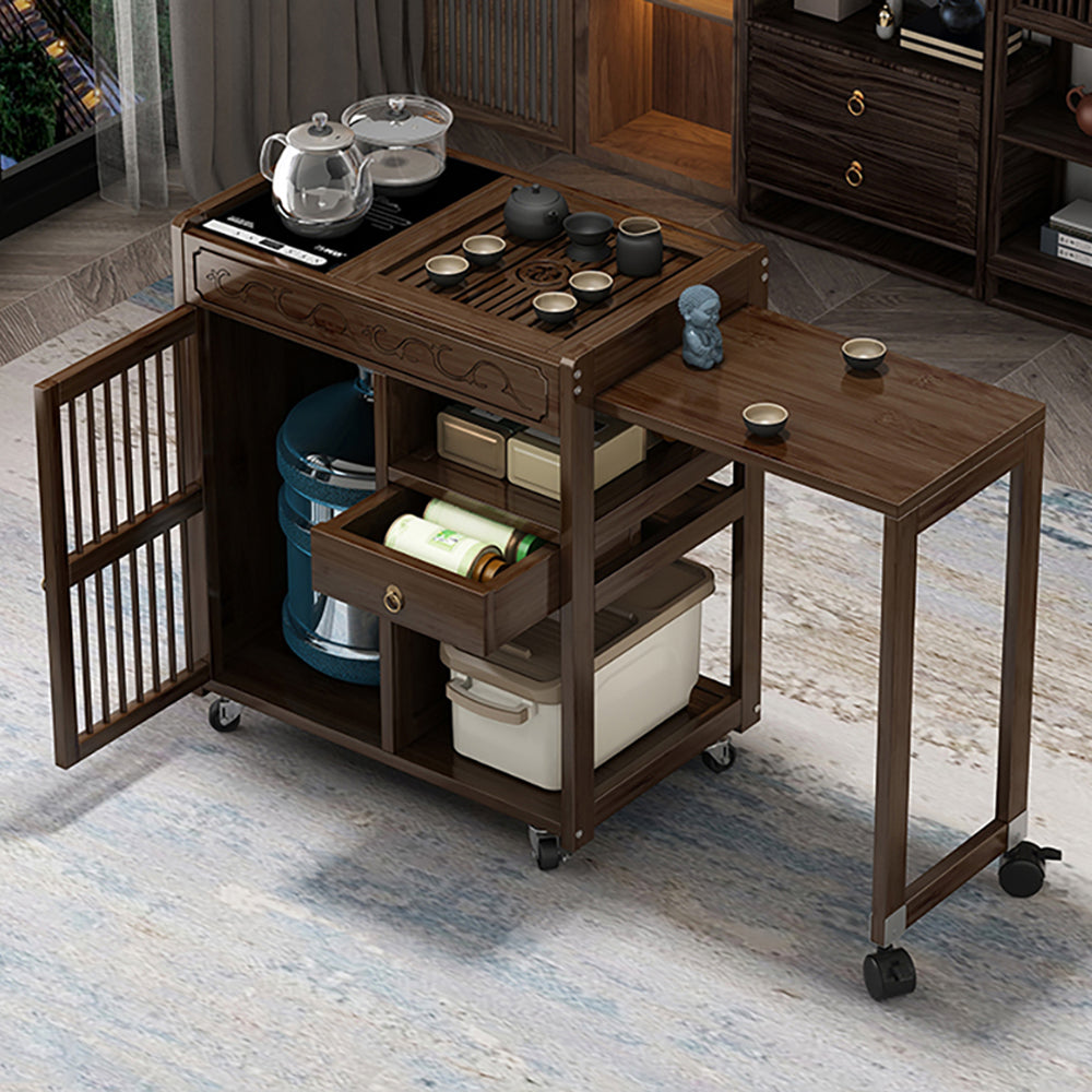 Nanmu Wood Tea Cart Extendable Rolling Table with Drawer