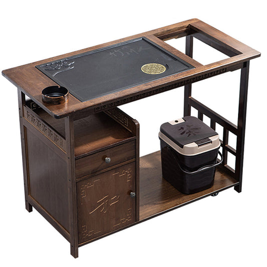 Tea Cart with Stone Tray Wood Minimalist Gongfu Tea Table