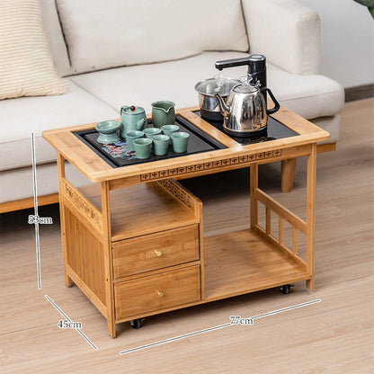 Compact Tea Cart with Kettle Heater Tray & Storage Drawers