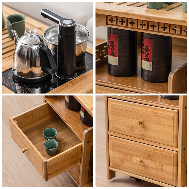 Compact Tea Cart with Kettle Heater Tray & Storage Drawers