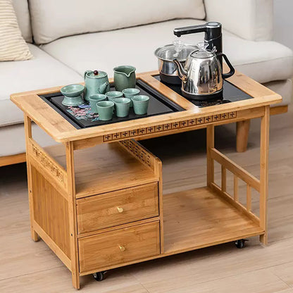 Compact Tea Cart with Kettle Heater Tray & Storage Drawers