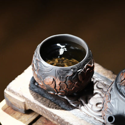 Kung Fu Tea Cup Black Pottery Lotus Relief