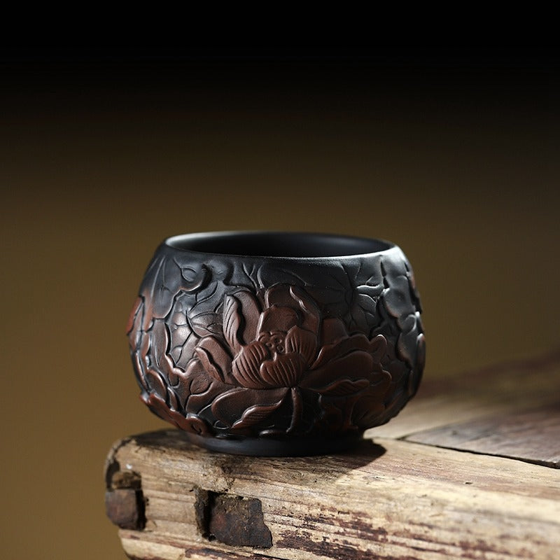 Kung Fu Tea Cup Black Pottery Lotus Relief