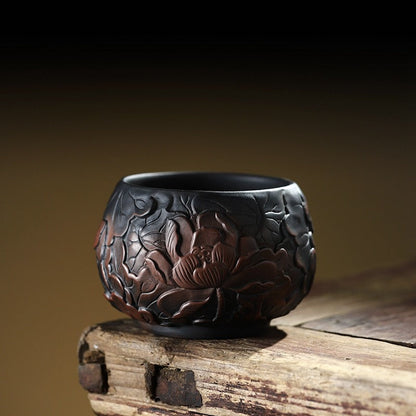 Kung Fu Tea Cup Black Pottery Lotus Relief