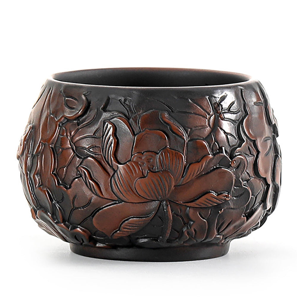 Kung Fu Tea Cup Black Pottery Lotus Relief