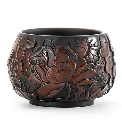 Kung Fu Tea Cup Black Pottery Lotus Relief
