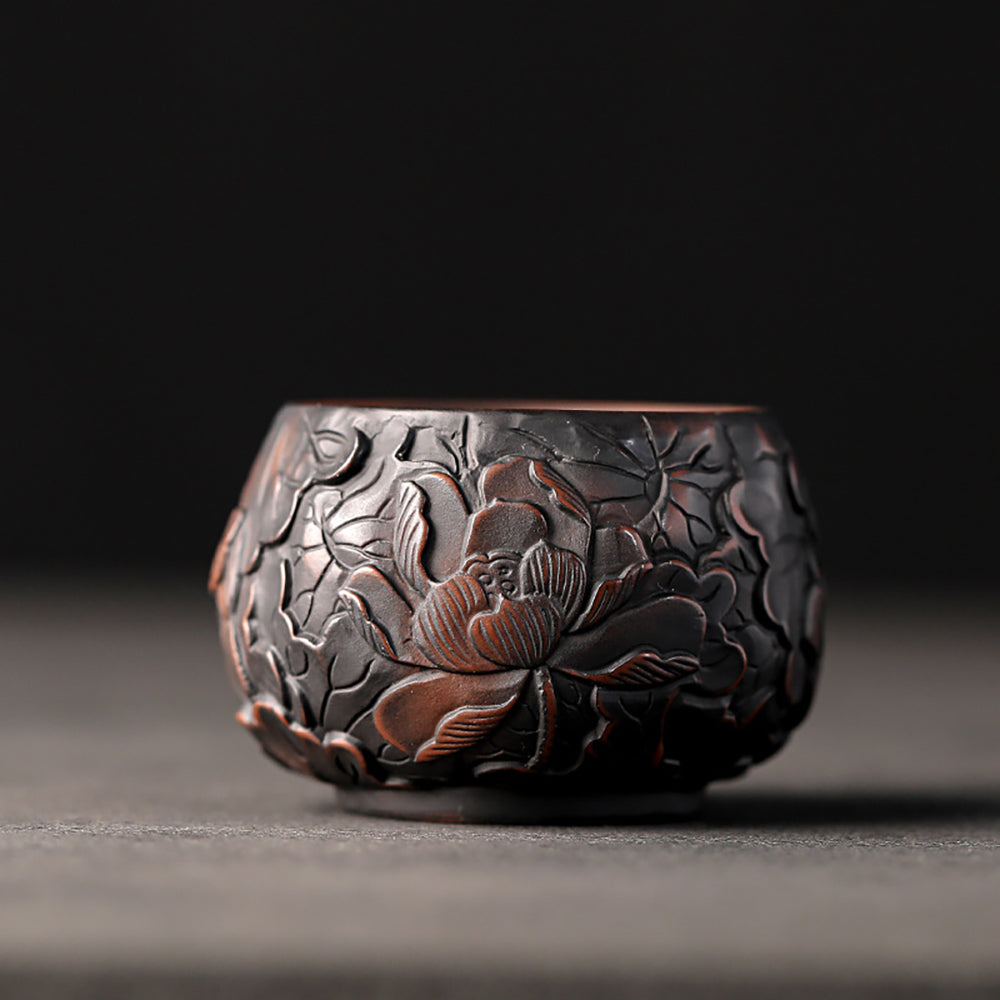 Kung Fu Tea Cup Black Pottery Lotus Relief