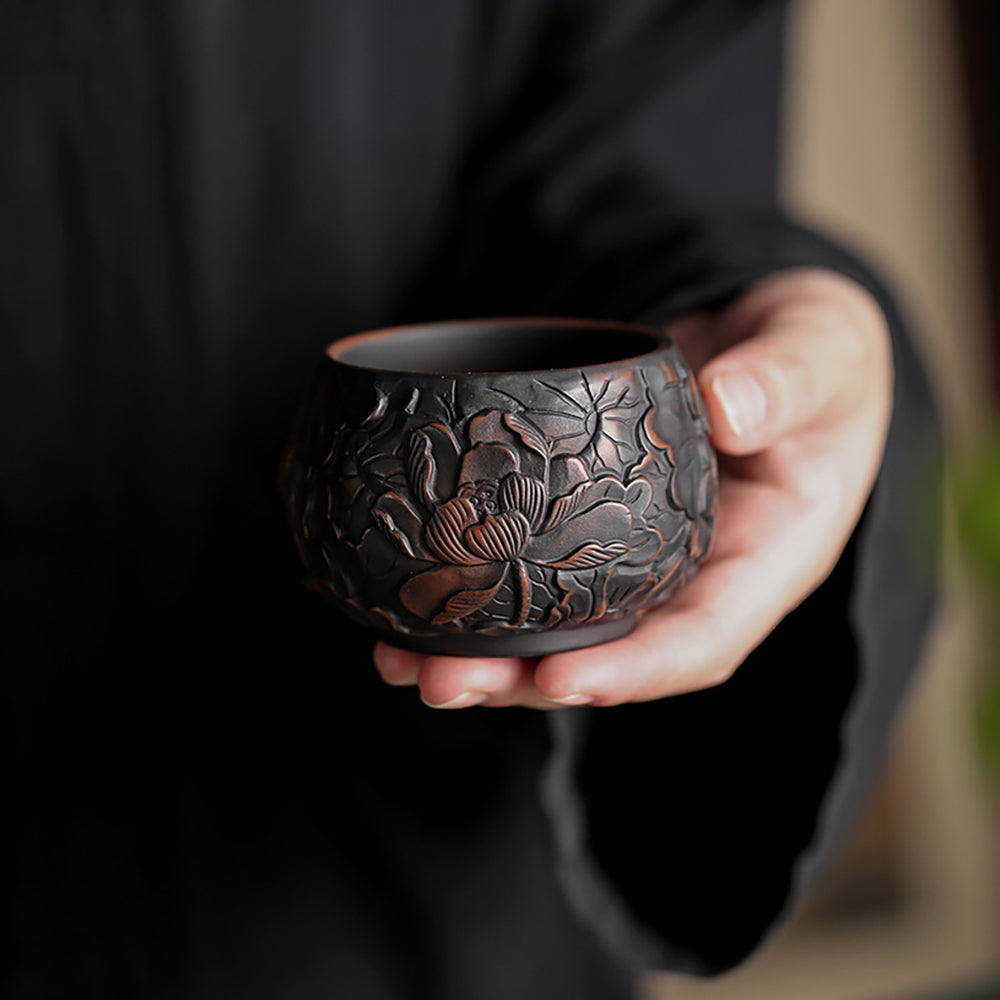 Kung Fu Tea Cup Black Pottery Lotus Relief