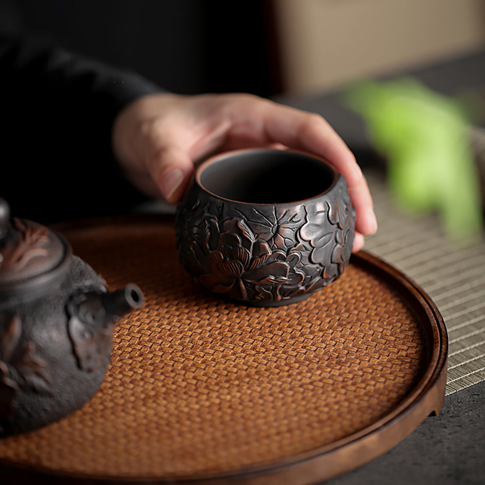 Kung Fu Tea Cup Black Pottery Lotus Relief