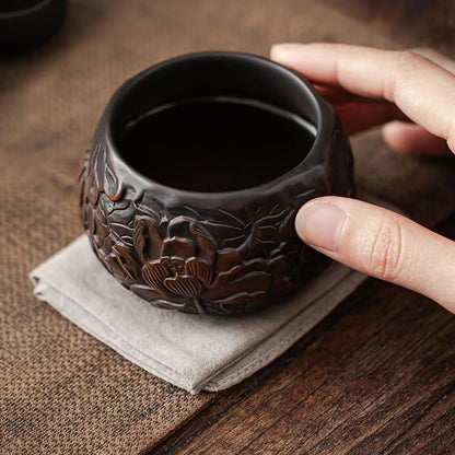 Kung Fu Tea Cup Black Pottery Lotus Relief