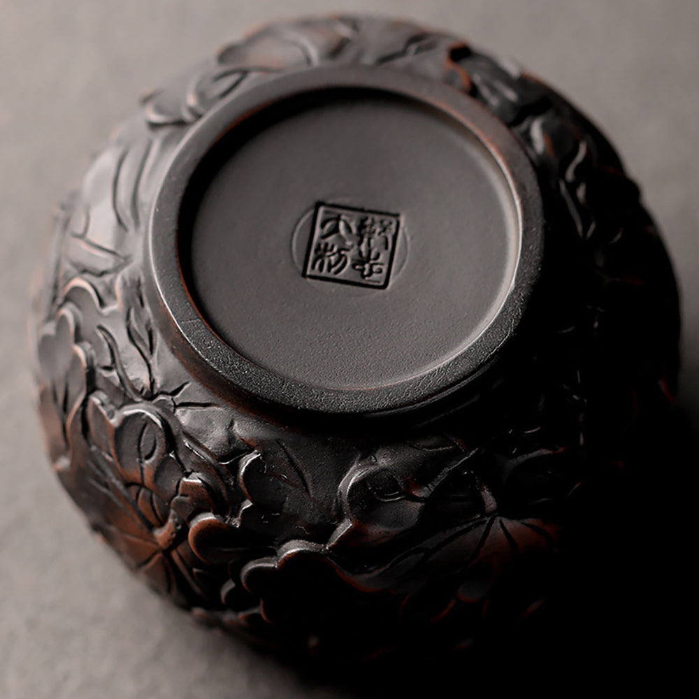 Kung Fu Tea Cup Black Pottery Lotus Relief