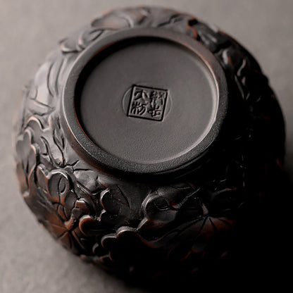 Kung Fu Tea Cup Black Pottery Lotus Relief