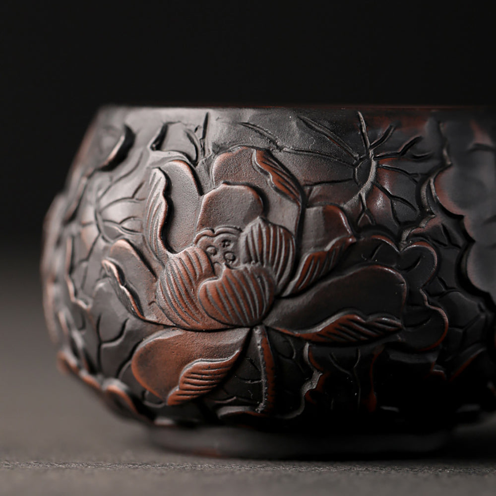 Kung Fu Tea Cup Black Pottery Lotus Relief
