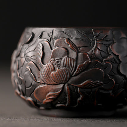 Kung Fu Tea Cup Black Pottery Lotus Relief