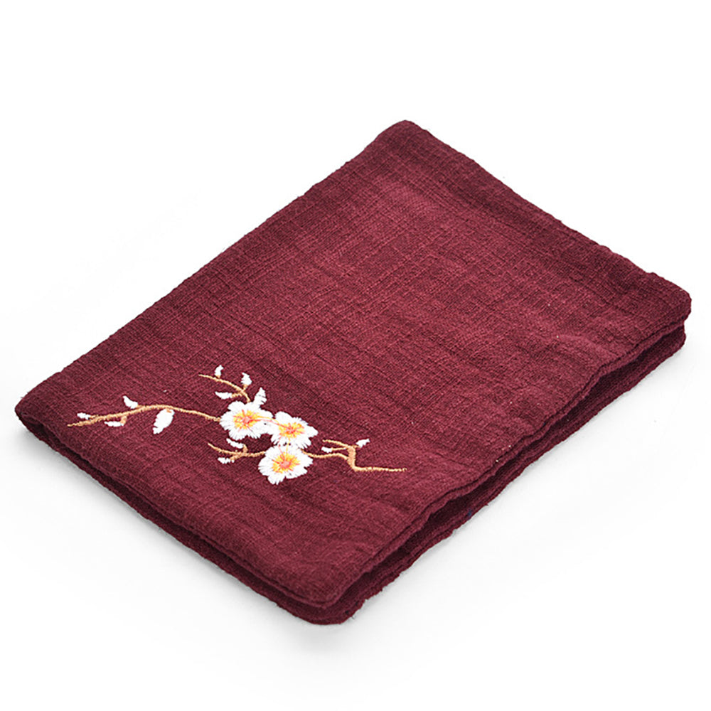 Tea Towel – Hand-Embroidered Peach Blossom Cotton Linen | Chinese Tea Ceremony Cloth, 11" x 11"