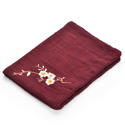 Tea Towel – Hand-Embroidered Peach Blossom Cotton Linen | Chinese Tea Ceremony Cloth, 11" x 11"