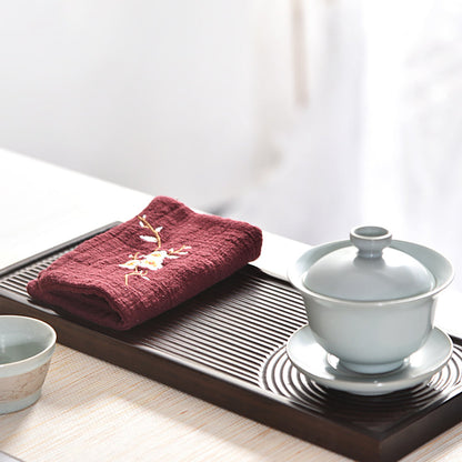 Tea Towel – Hand-Embroidered Peach Blossom Cotton Linen | Chinese Tea Ceremony Cloth, 11" x 11"