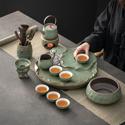 Tea Set with Lotus Leaf Tray Japanese Ceramic 13-Piece