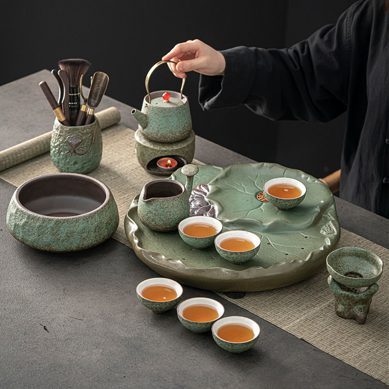 Tea Set with Lotus Leaf Tray Japanese Ceramic 13-Piece