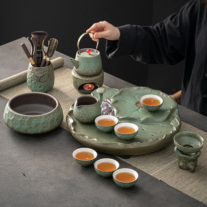 Tea Set with Lotus Leaf Tray Japanese Ceramic 13-Piece