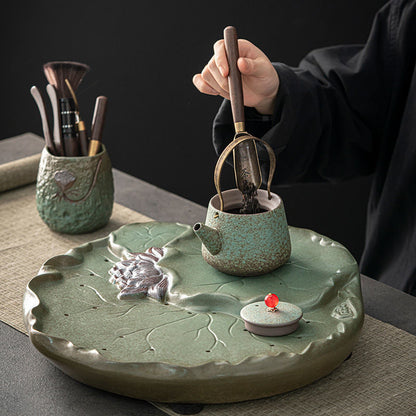 Tea Set with Lotus Leaf Tray Japanese Ceramic 13-Piece