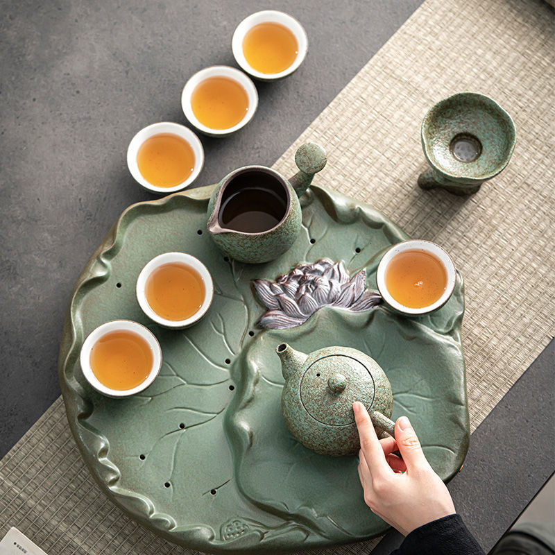 Tea Set with Lotus Leaf Tray Japanese Ceramic 13-Piece