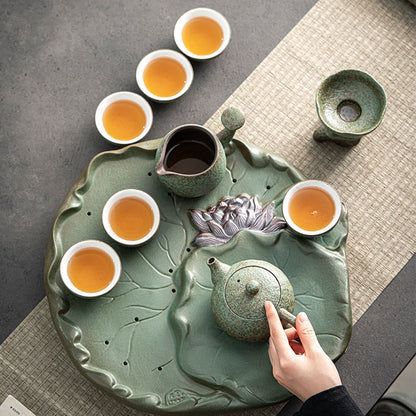 Tea Set with Lotus Leaf Tray Japanese Ceramic 13-Piece