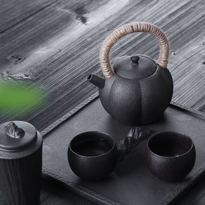 Japanese Black Pottery Tea Set Wabi-sabi Style 5-Piece
