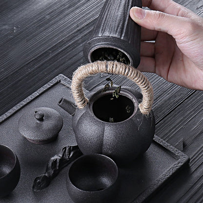 Japanese Black Pottery Tea Set Wabi-sabi Style 5-Piece