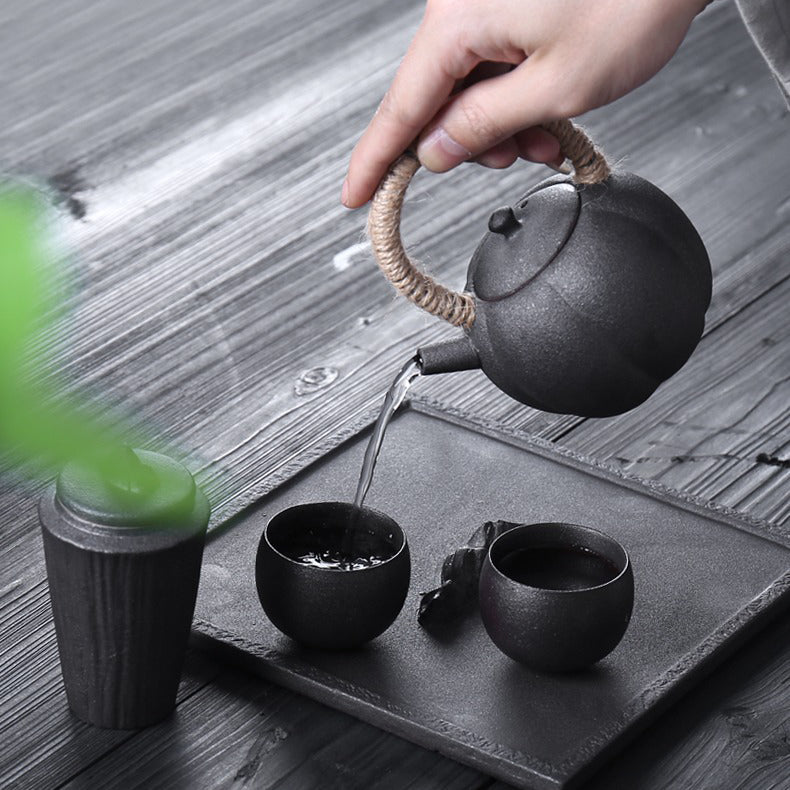 Japanese Black Pottery Tea Set Wabi-sabi Style 5-Piece