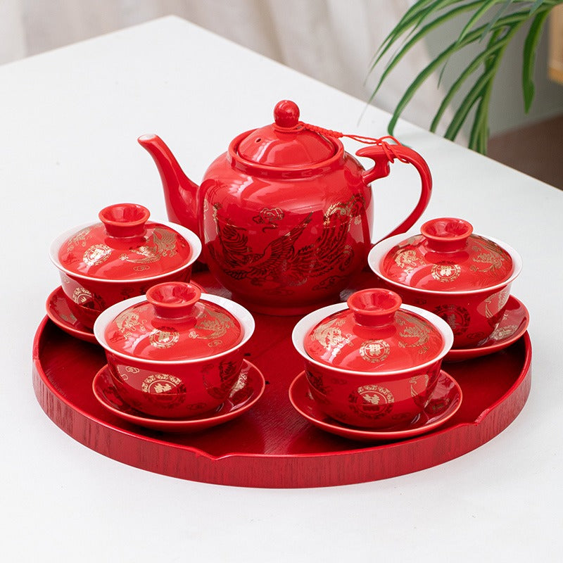 Wedding Tea Set Porcelain Teapot 4 Gaiwan Dragon Happiness Tray