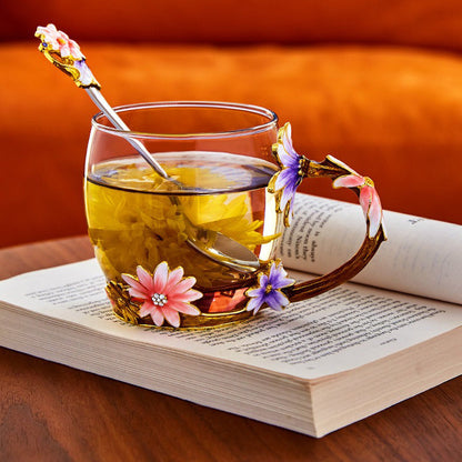 Enamel Flowers Borosilicate Glass Tea Cup 350ml