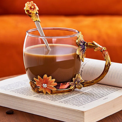 Enamel Flowers Borosilicate Glass Tea Cup 350ml