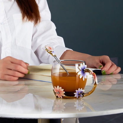 Enamel Flowers Borosilicate Glass Tea Cup 350ml
