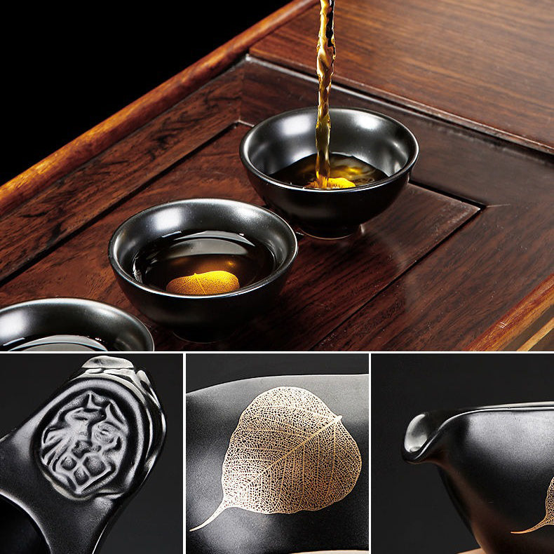 Automatic Gongfu Tea Set Black Ceramic 13-Piece Serves 8